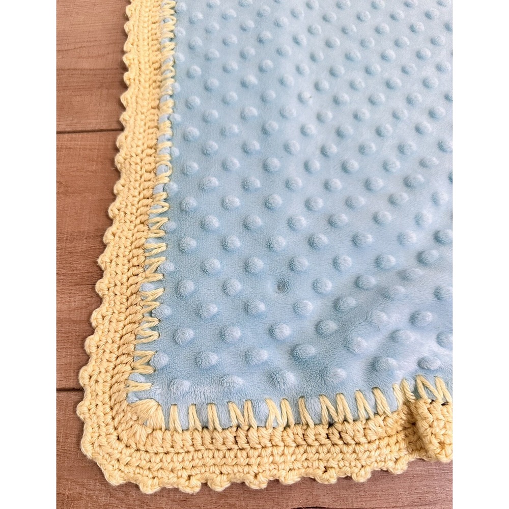 Handmade Security Blanket Minky Dots Crochet Baby 33x37 Blue Yellow Good